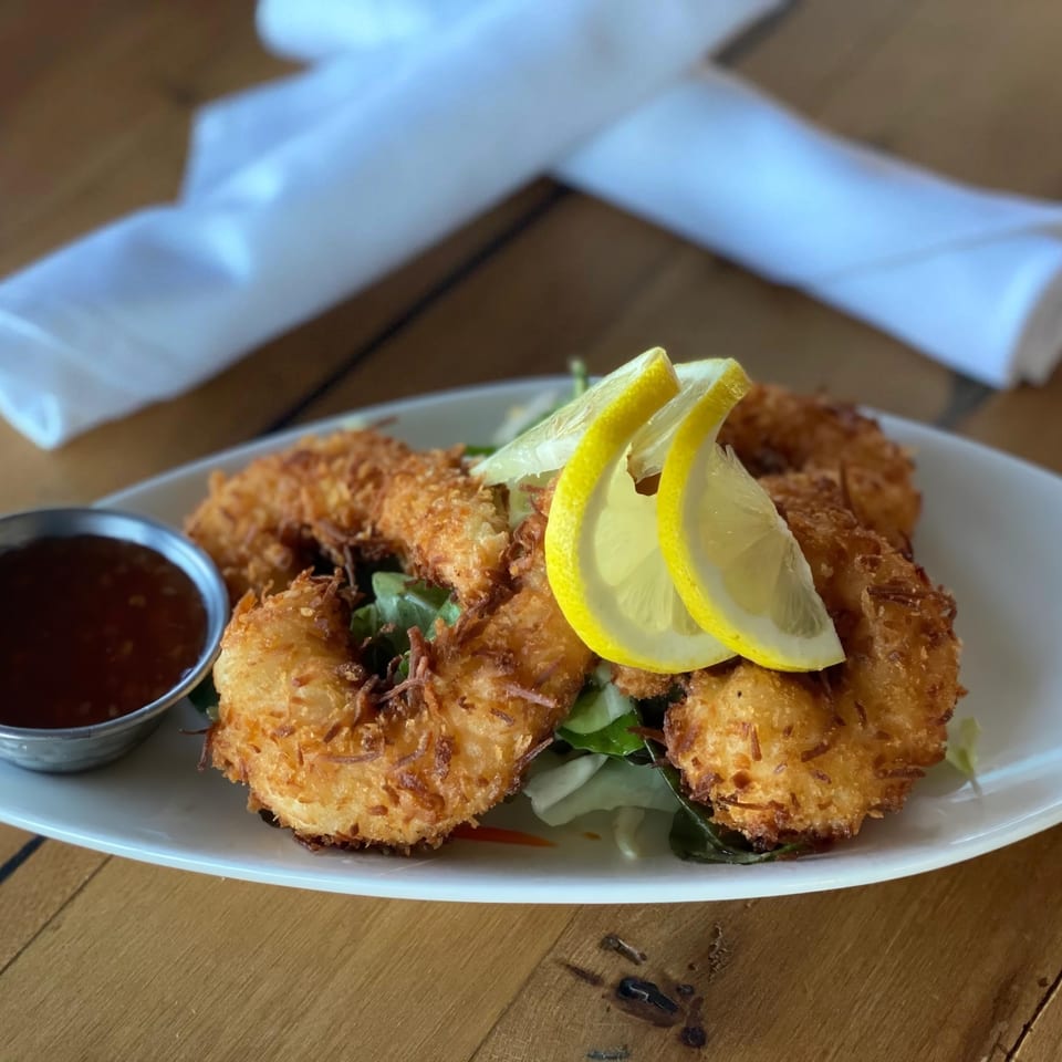 Golden-brown coconut shrimp with lemon slices and dipping sauce on a white plate at Lighthouse Cafe.